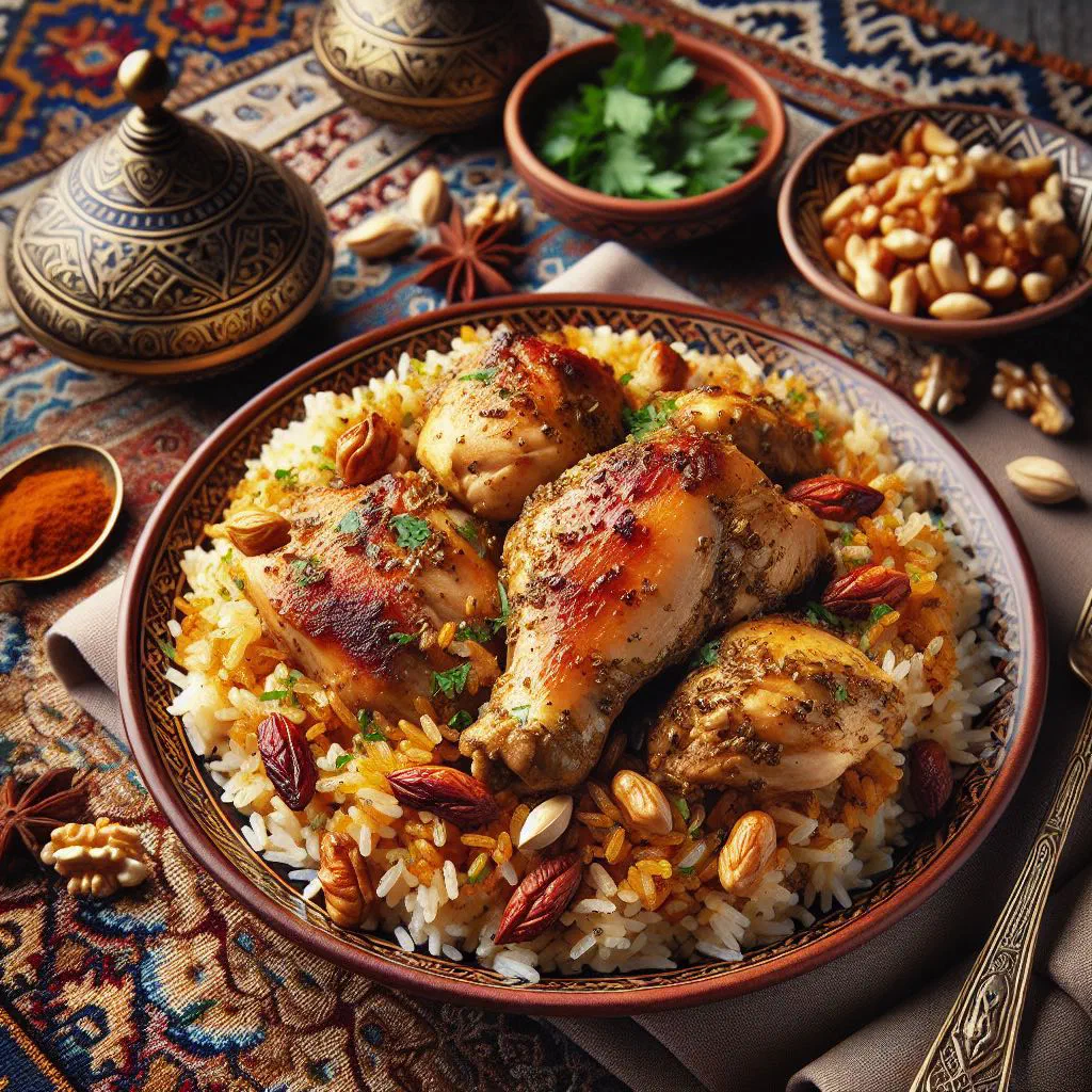 Lebanese ruz bil dajaj with spiced chicken, rice and toasted almonds