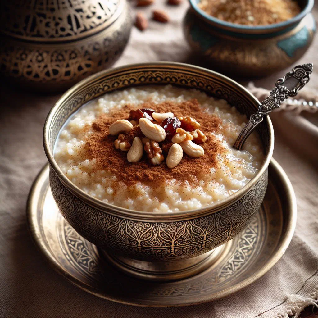 Creamy Lebanese rice pudding topped with cinnamon and chopped almonds