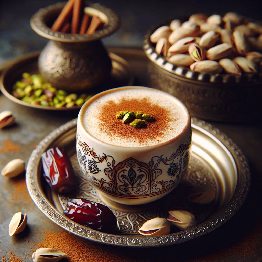 Creamy sahlab in a glass topped with cinnamon and chopped pistachios