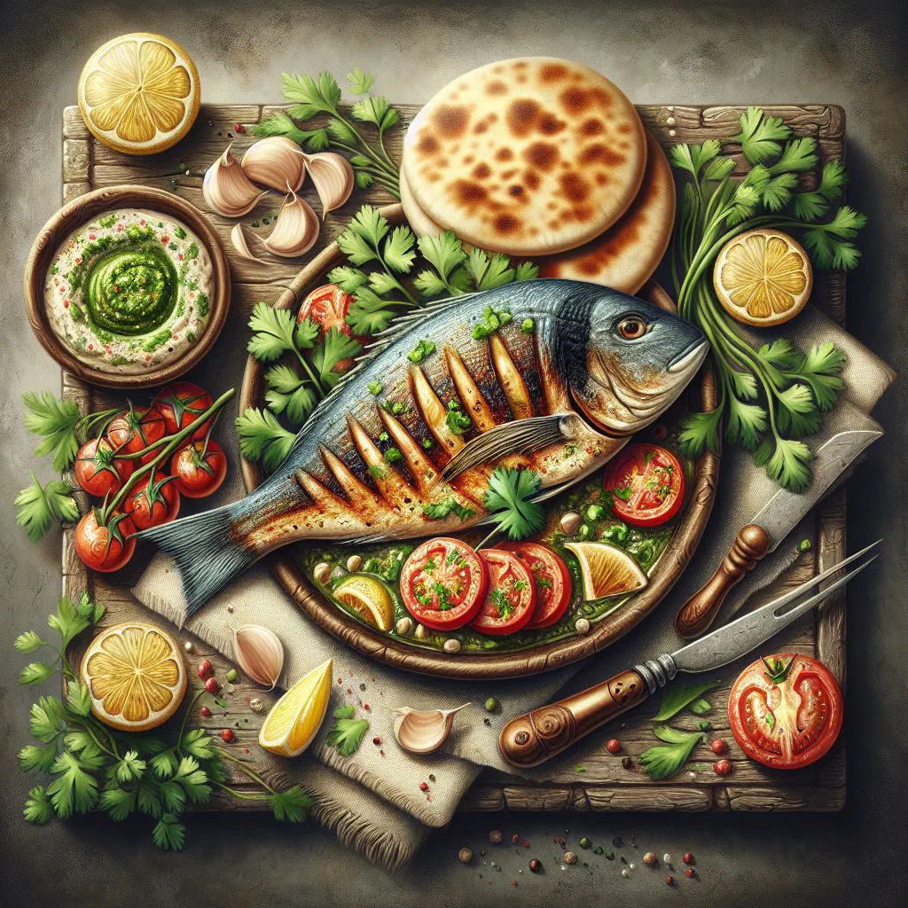 Spicy Lebanese baked fish garnished with fresh parsley and lemon