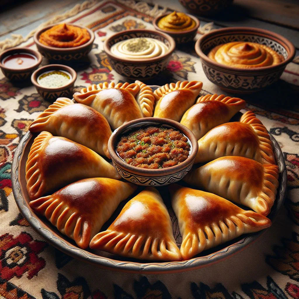 Golden fried Sambousek Lahme meat pastries on a serving plate