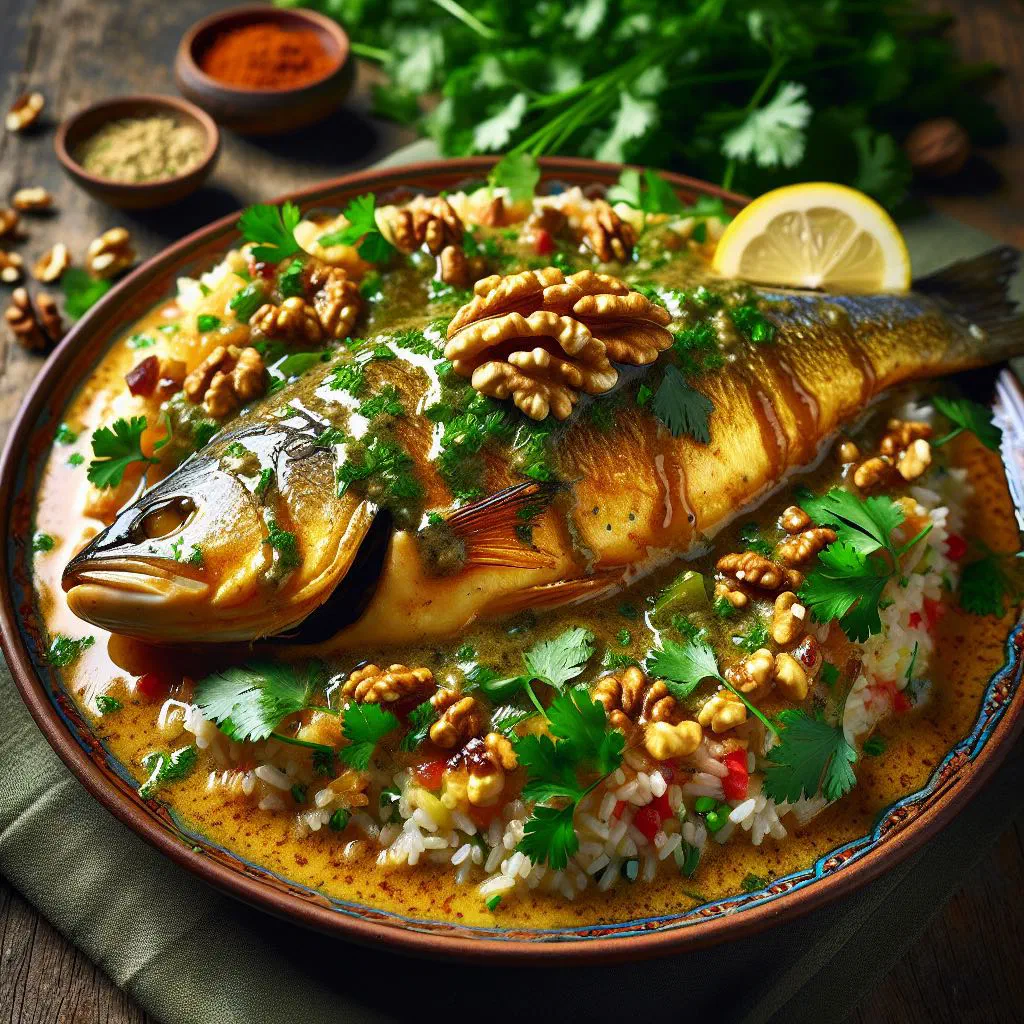 Baked fish in spicy tahini sauce garnished with fresh coriander