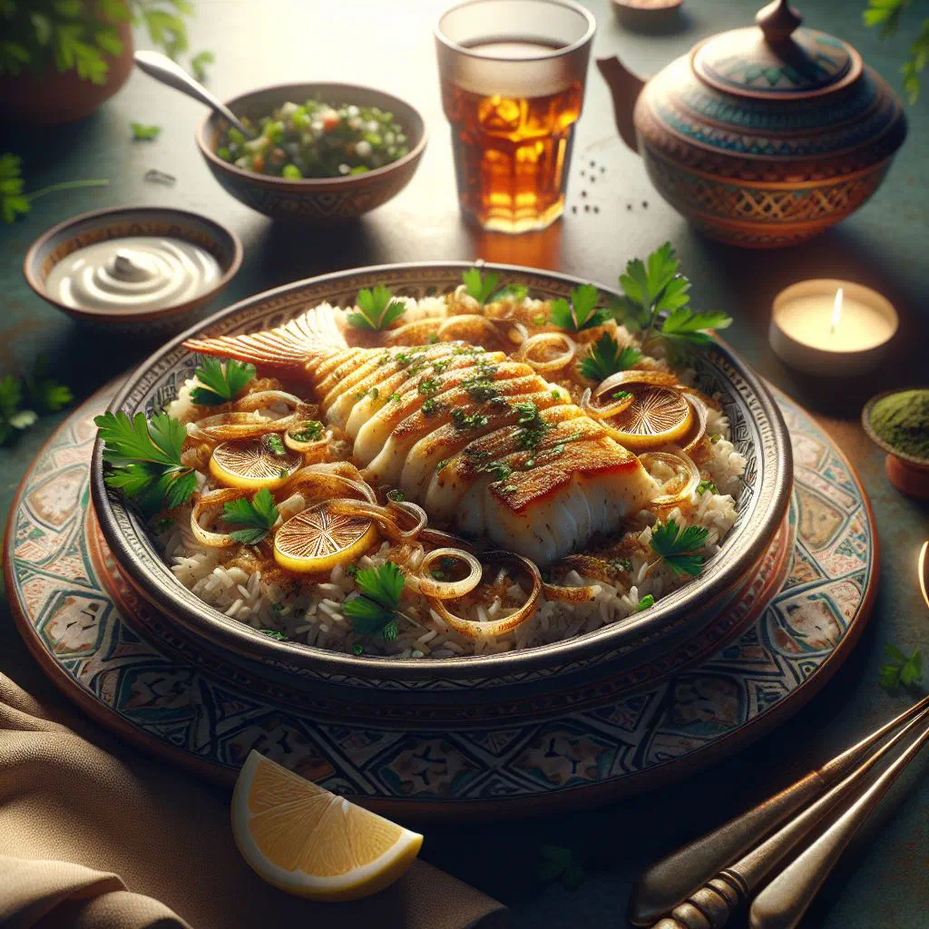 Plate of spiced rice topped with golden pan-fried fish, lemon and parsley