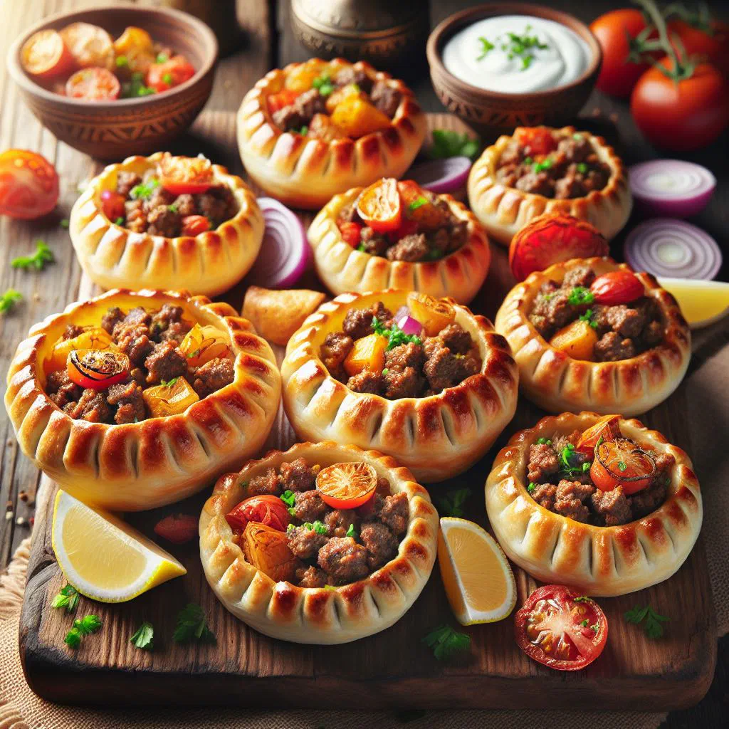 Small open-topped Lebanese sfiha meat pastries on a baking tray