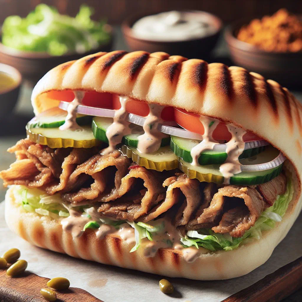 Lebanese shawarma wrapped in flatbread with salad and yoghurt sauce