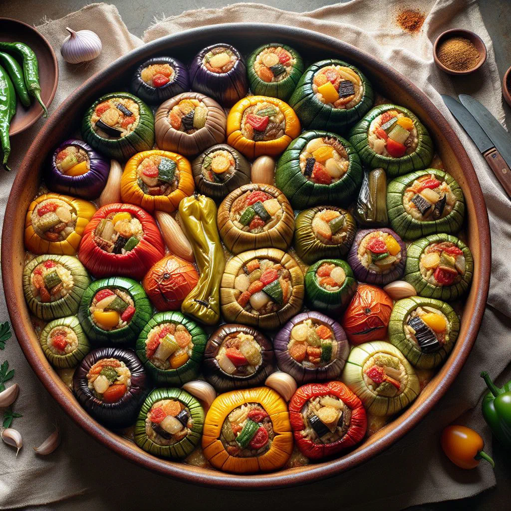 Stuffed aubergines and courgettes baked in tomato sauce, garnished with fresh herbs