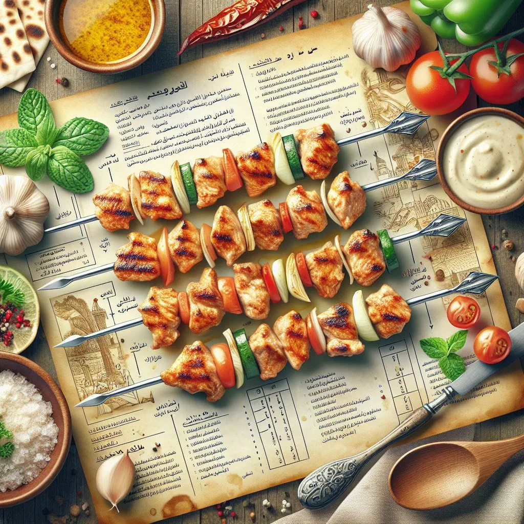 Grilled shish tawook chicken skewers with flatbread and garlic sauce
