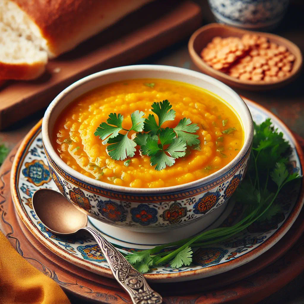 Bowl of creamy Lebanese red lentil soup garnished with parsley and lemon