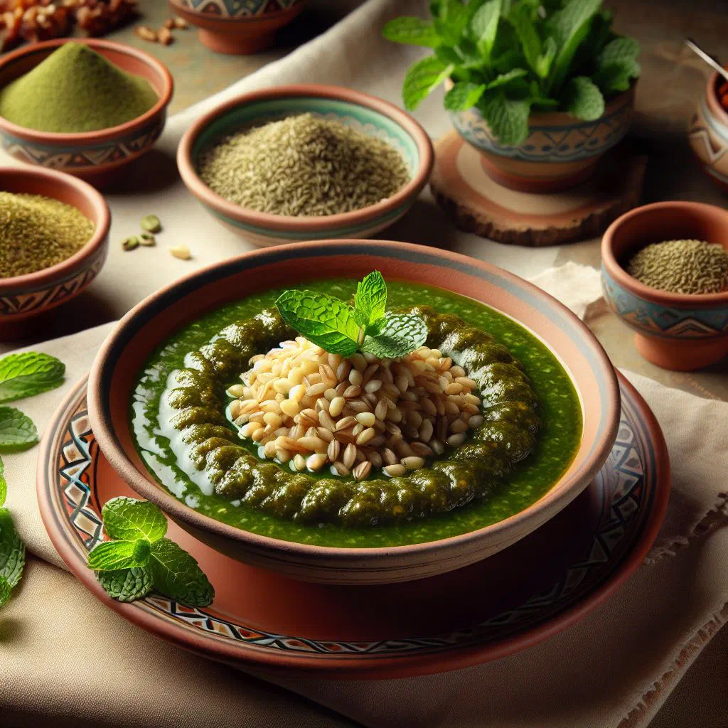 A bowl of Lebanese Shorbet Frikeh soup garnished with fresh parsley and olive oil