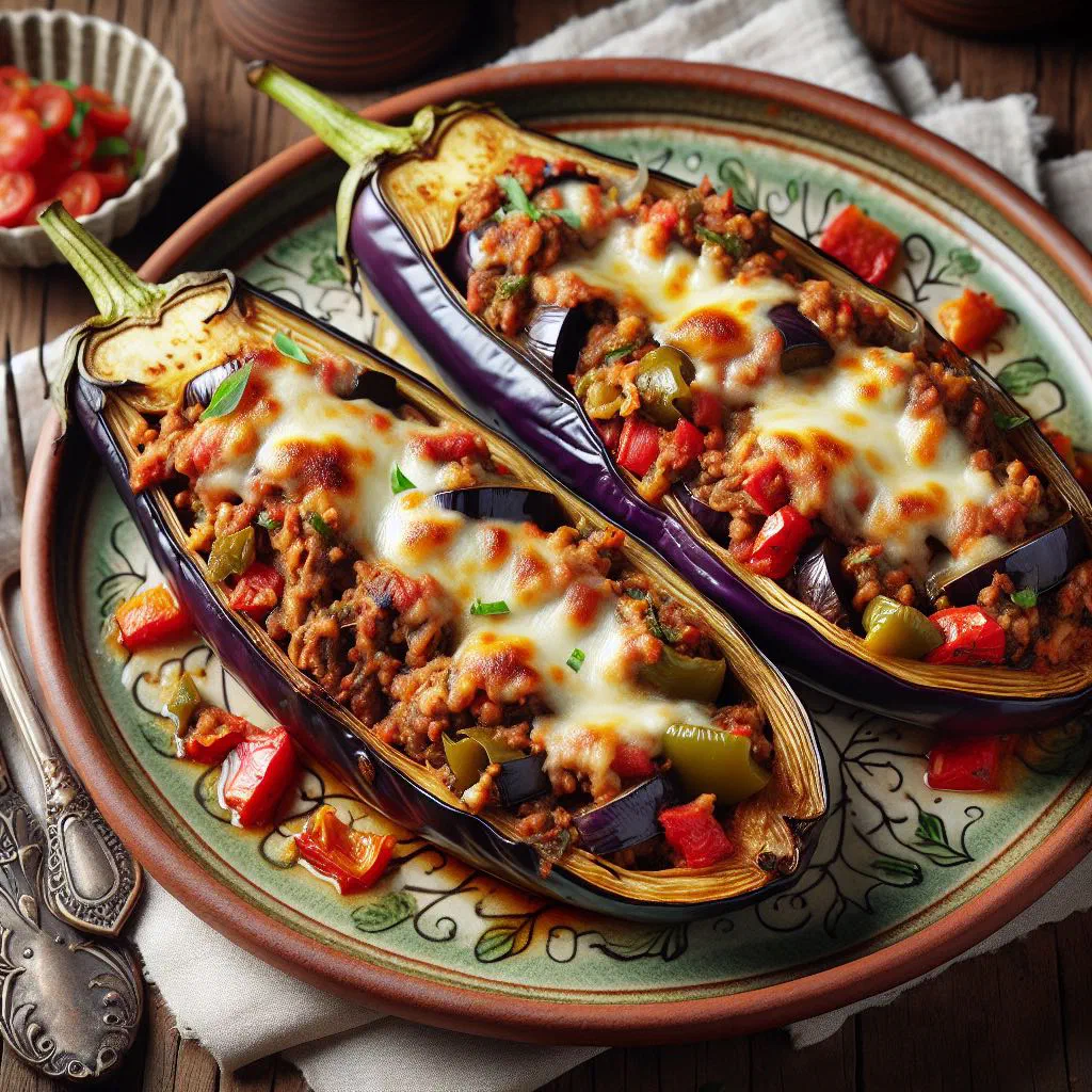 Halved aubergines stuffed with spiced rice and mince in tomato sauce, garnished with parsley