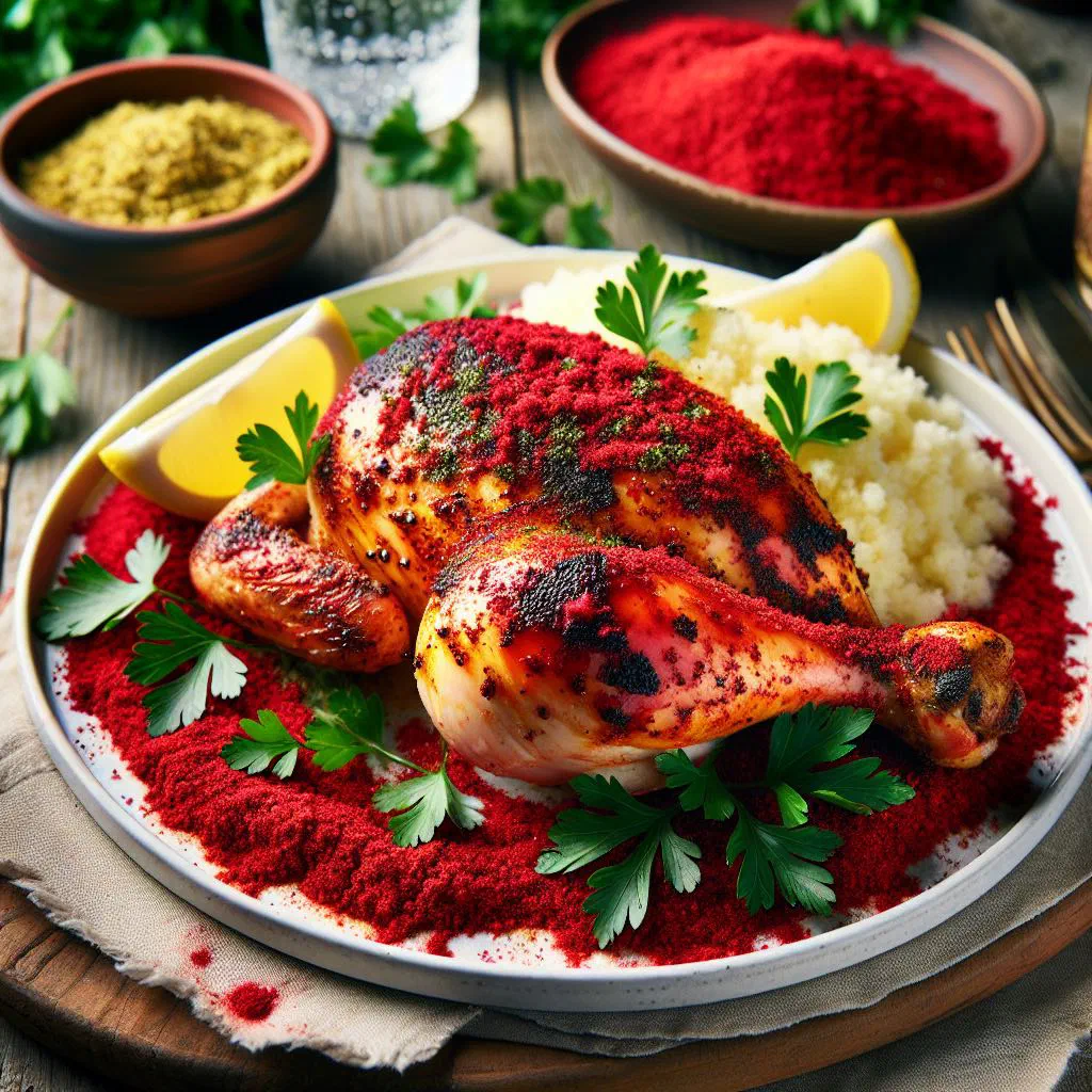 Pan-fried sumac chicken pieces garnished with fresh parsley