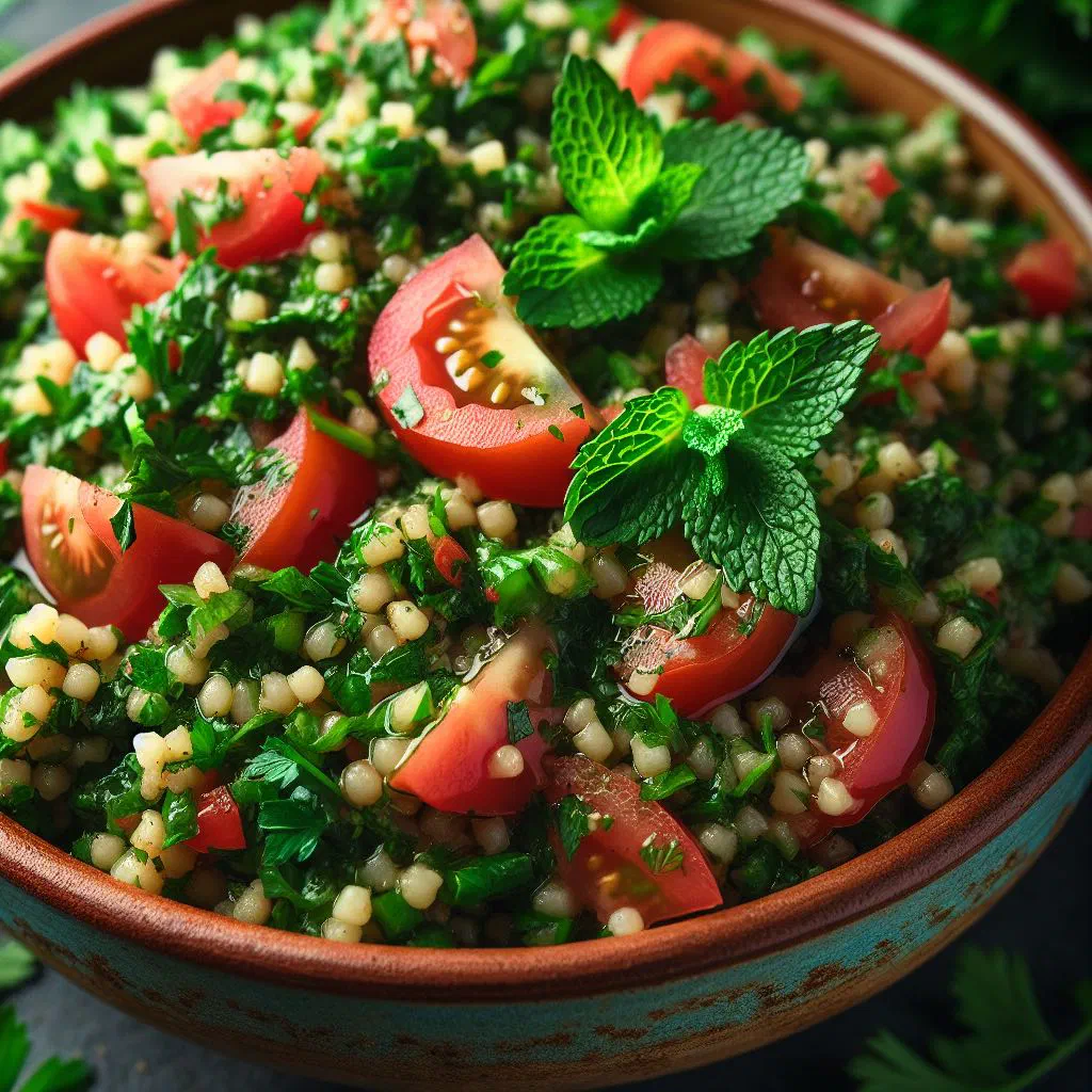 Tabbouleh bi burghul salad with parsley, tomatoes and bulgur in a bowl