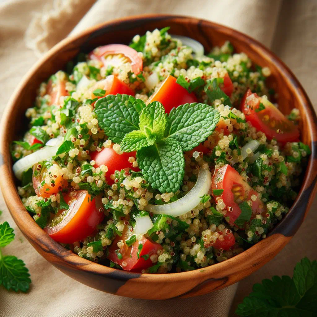 Quinoa tabbouleh with parsley, mint, tomatoes and cucumber in a bowl