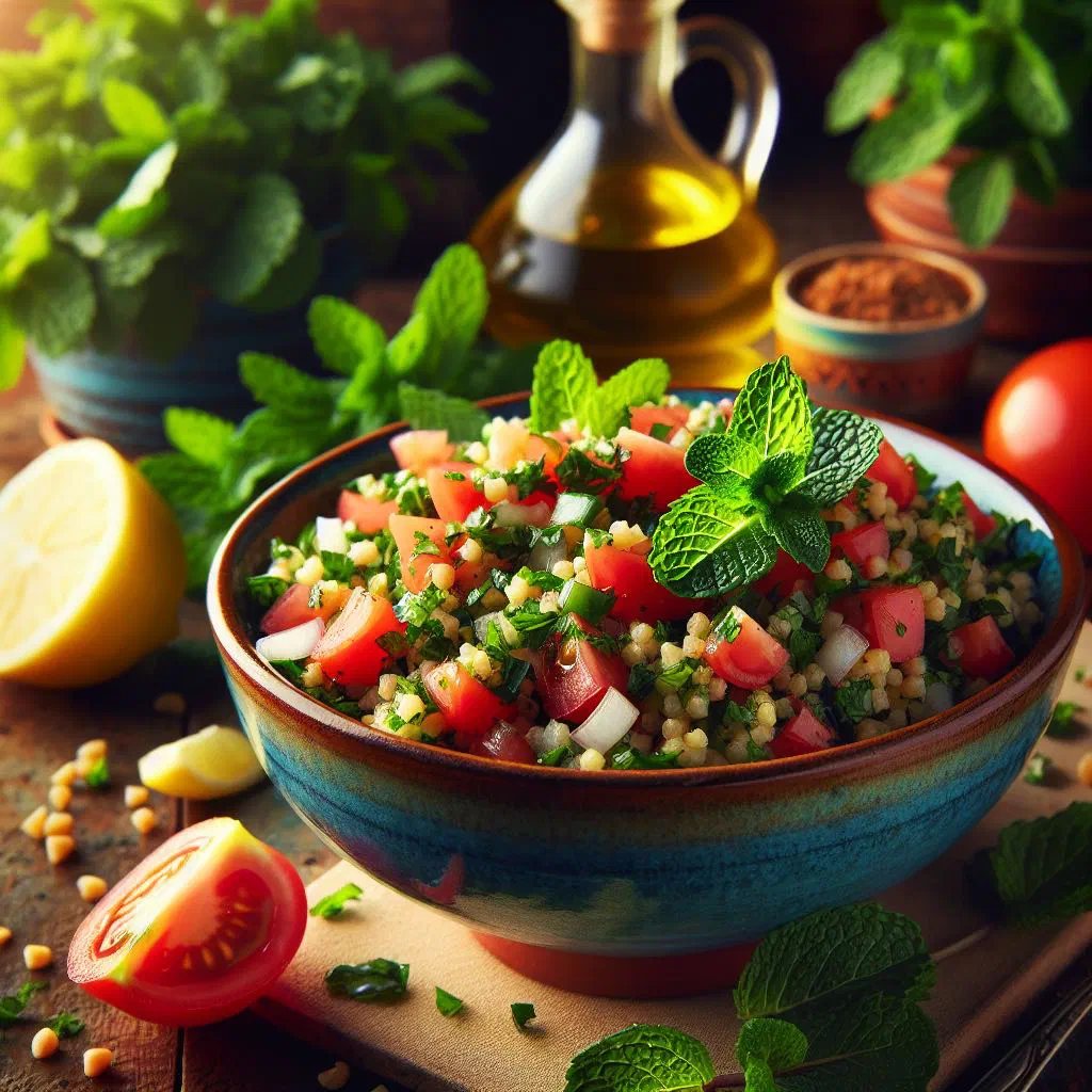 A bowl of fresh tabbouleh with chopped parsley, tomatoes and bulgur