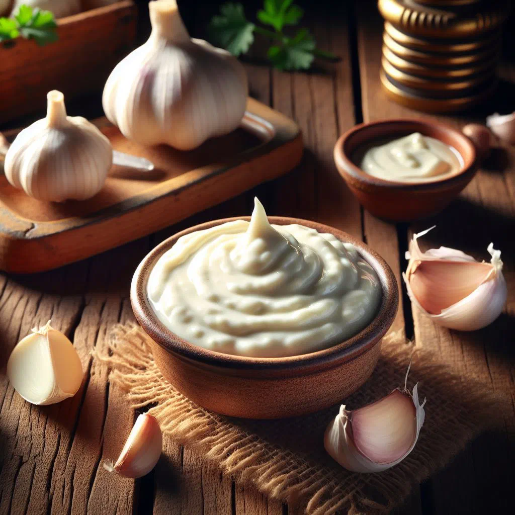 A bowl of creamy white Lebanese toum garlic sauce