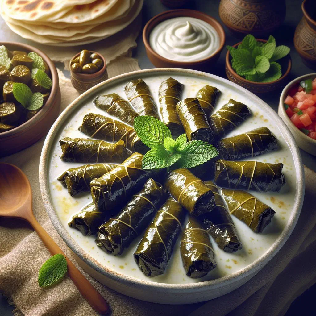 Stuffed vine leaves in a creamy yoghurt sauce garnished with fresh mint