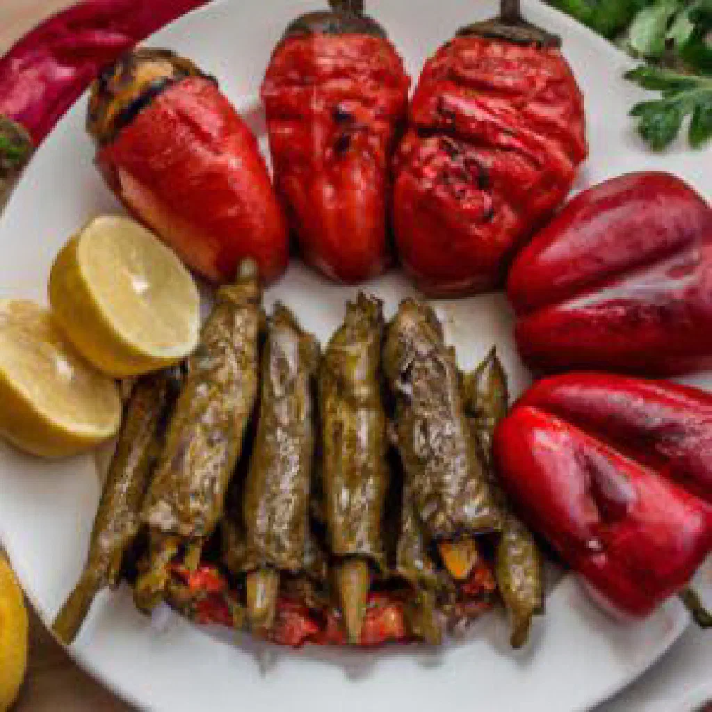 Rolled vine leaves stuffed with rice arranged on a plate
