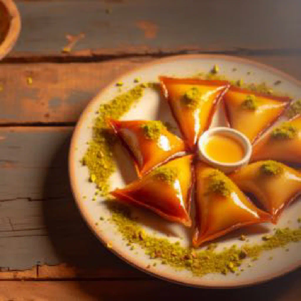 Golden warbat pastry parcels filled with nuts and drizzled with syrup