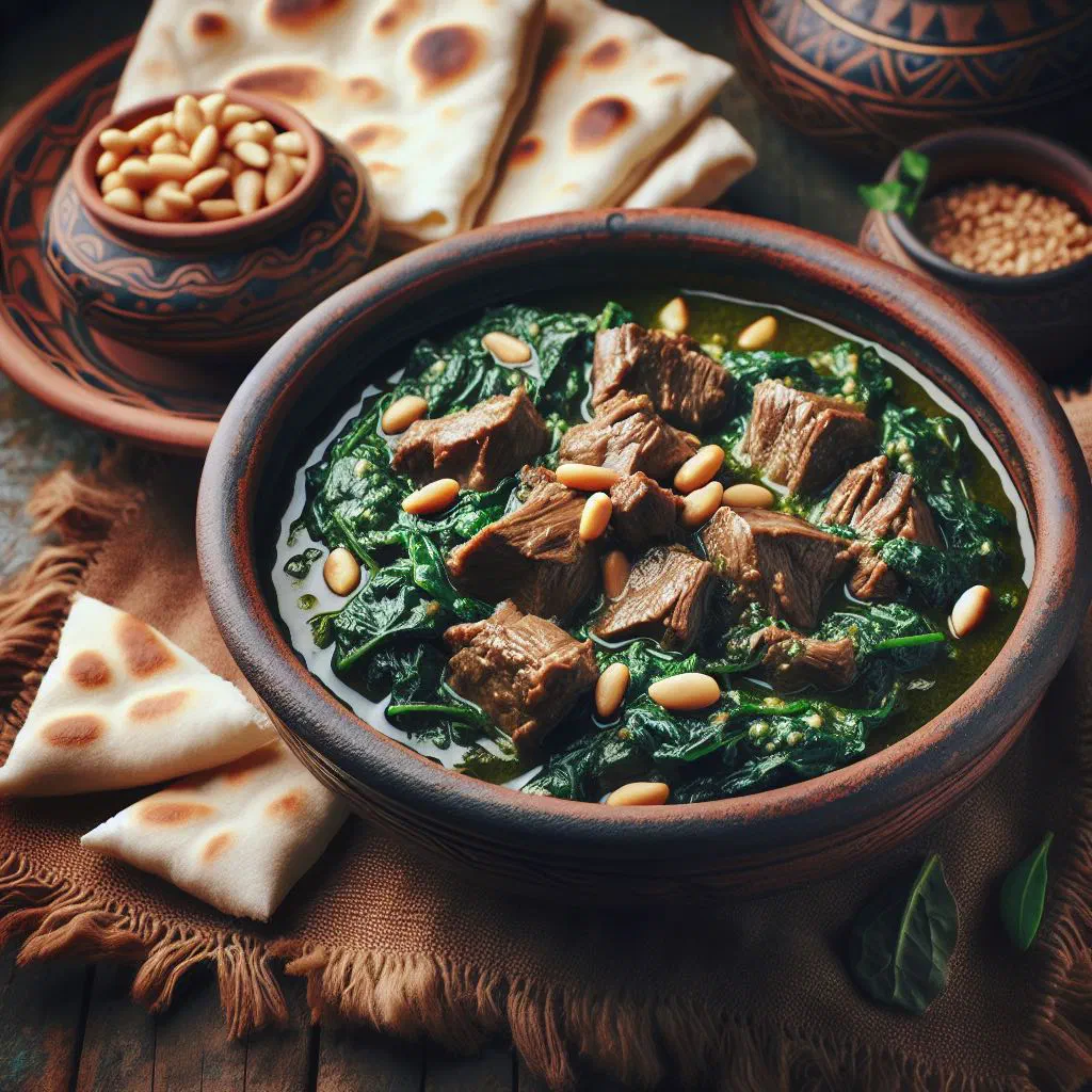 Lebanese spinach stew with tomatoes and chickpeas in a bowl