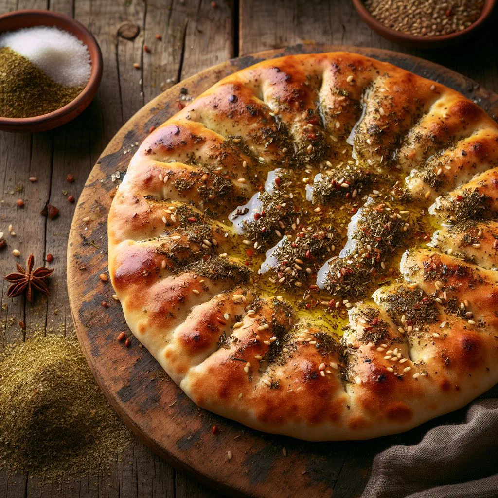 Freshly baked zaatar manakish flatbread brushed with olive oil