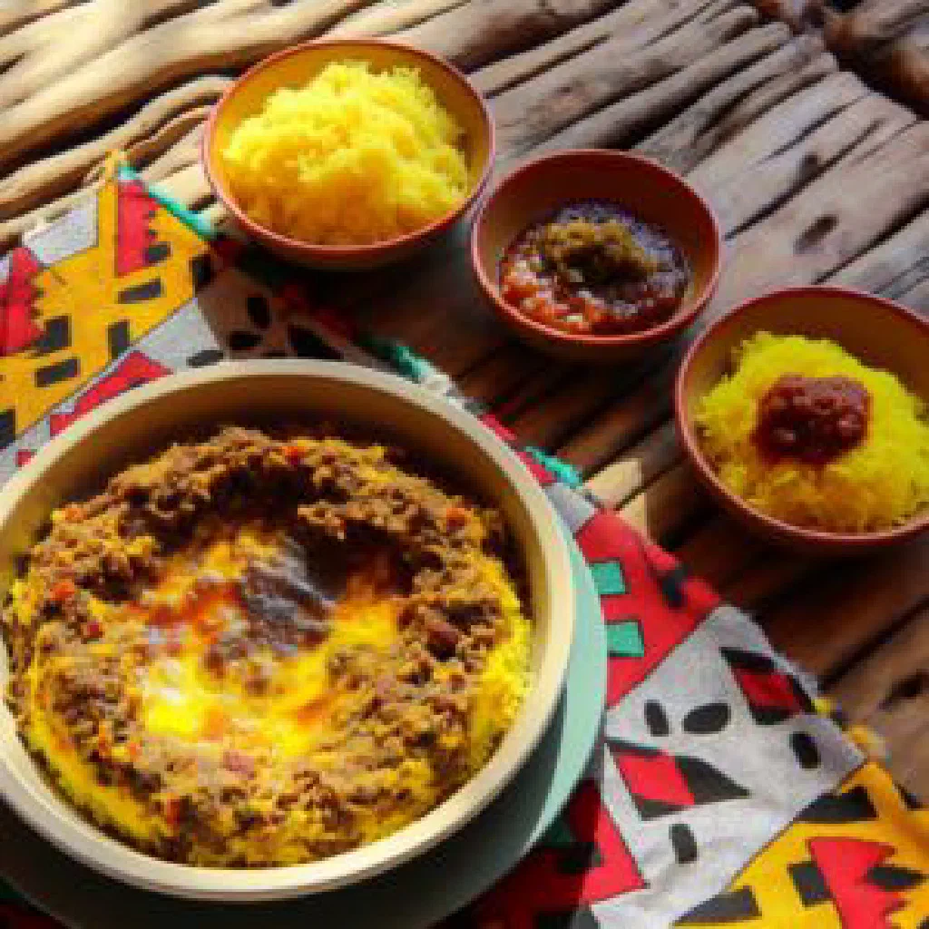 Bowl of bobatsi with maize porridge and cooked beans