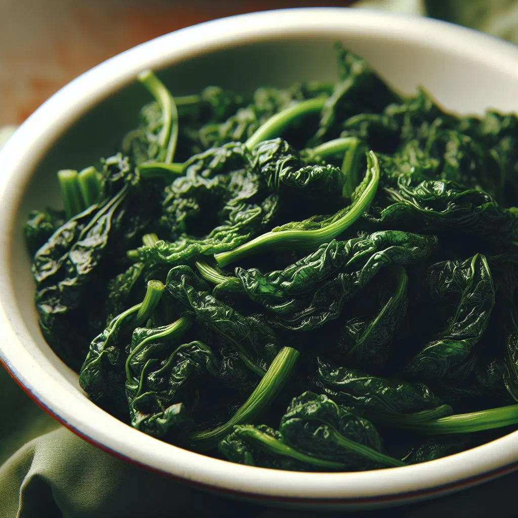 Fried spinach with garlic and onion served in a bowl