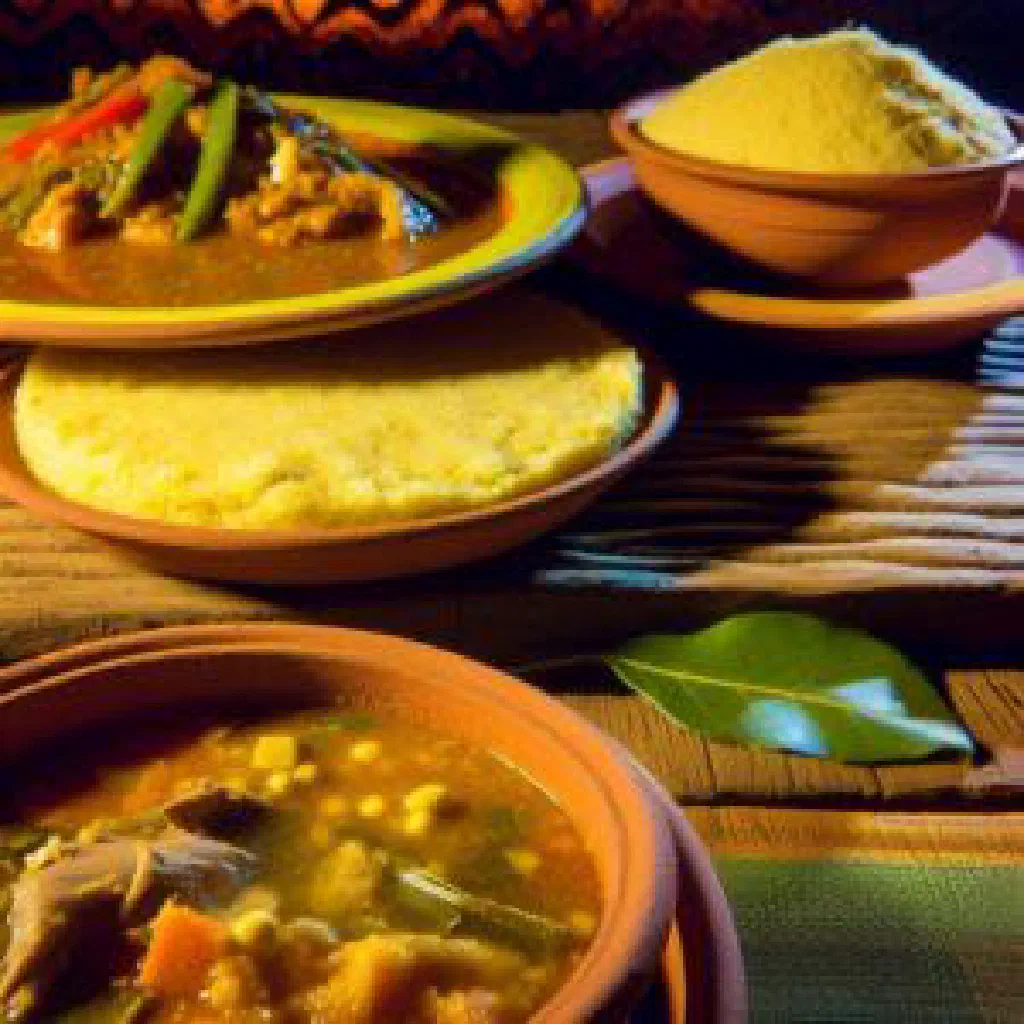 A firm mound of Lesotho papa served on a plate alongside a hearty stew