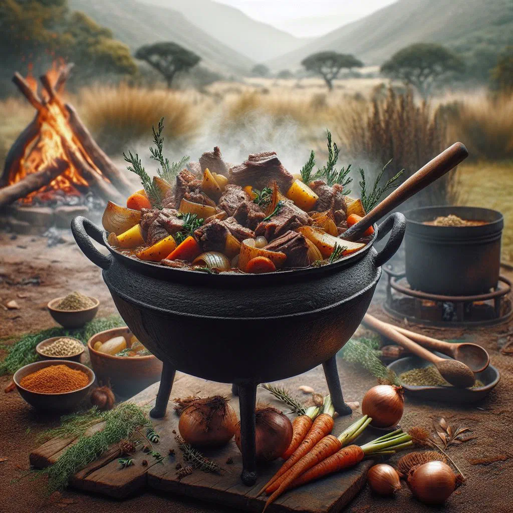 Sotho mutton potjie with tender lamb, carrots and potatoes in a cast-iron pot