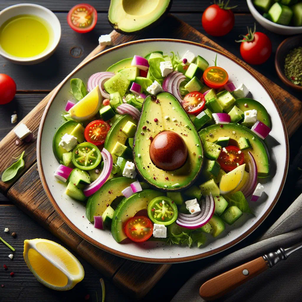 Bowl of Liberian avocado salad with tomato, cucumber and red onion