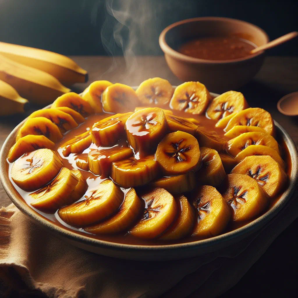 Boiled plantain slices in a rich peanut gravy, garnished with fresh herbs