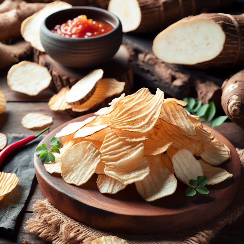 Golden crisp cassava chips piled in a bowl and sprinkled with salt