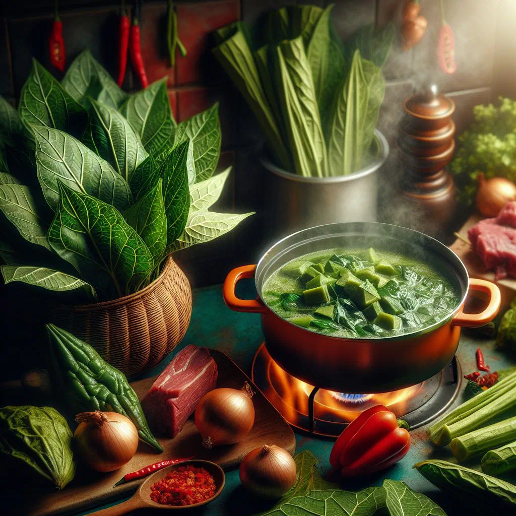 Bowl of Liberian cassava leaf soup with meat and palm oil, served with rice