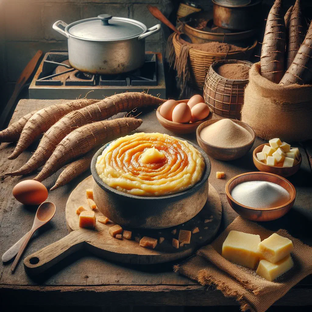 Baked cassava pudding with a golden top, served in a dish