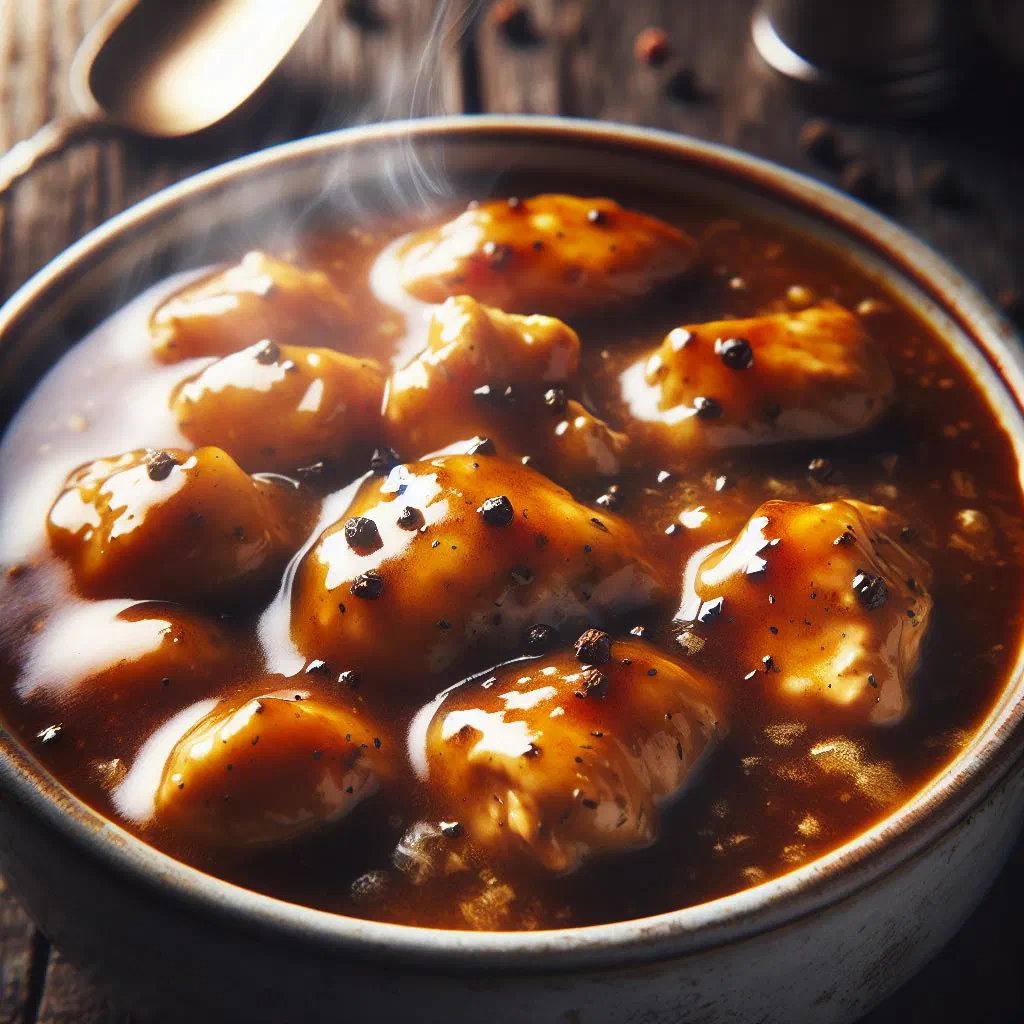 Liberian chicken gravy in a deep bowl with rice and fresh herbs