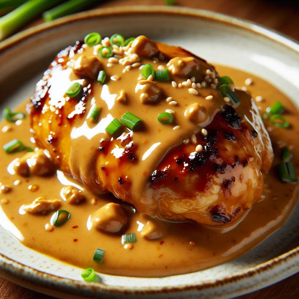 Tender chicken pieces in a creamy peanut butter sauce garnished with coriander