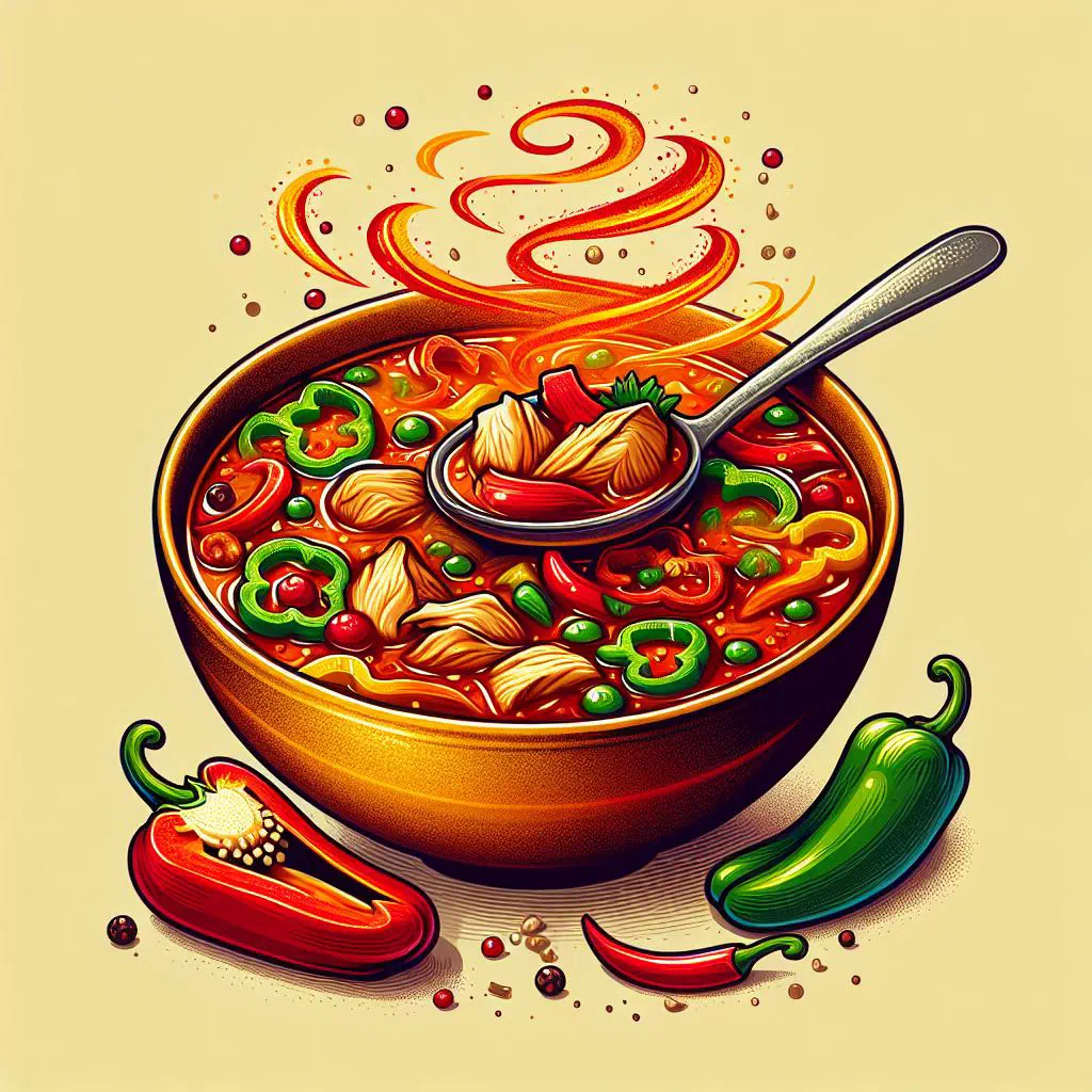 Bowl of Liberian chicken pepper soup with fresh herbs and chillies