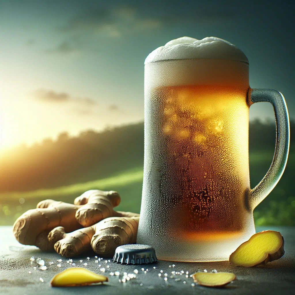 Chilled ginger beer in a tall glass with ice and lemon