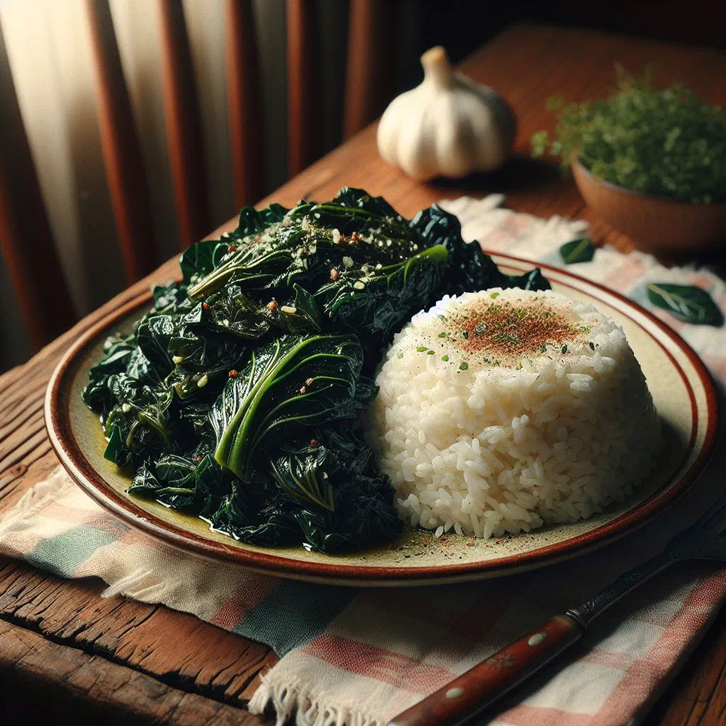 Braised collard greens served over steamed white rice on a plate