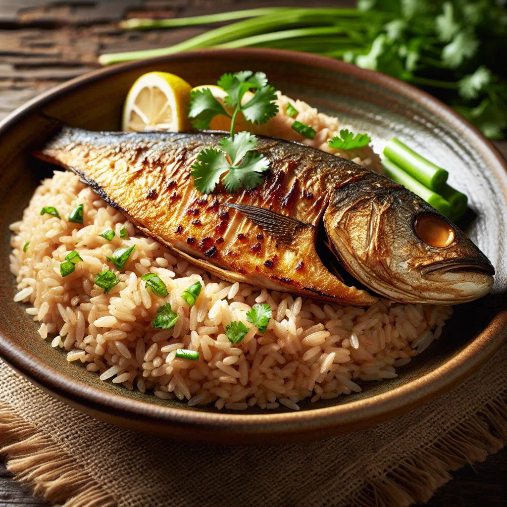 Plate of fluffy white rice with pan-fried fish, peppers and fresh herbs