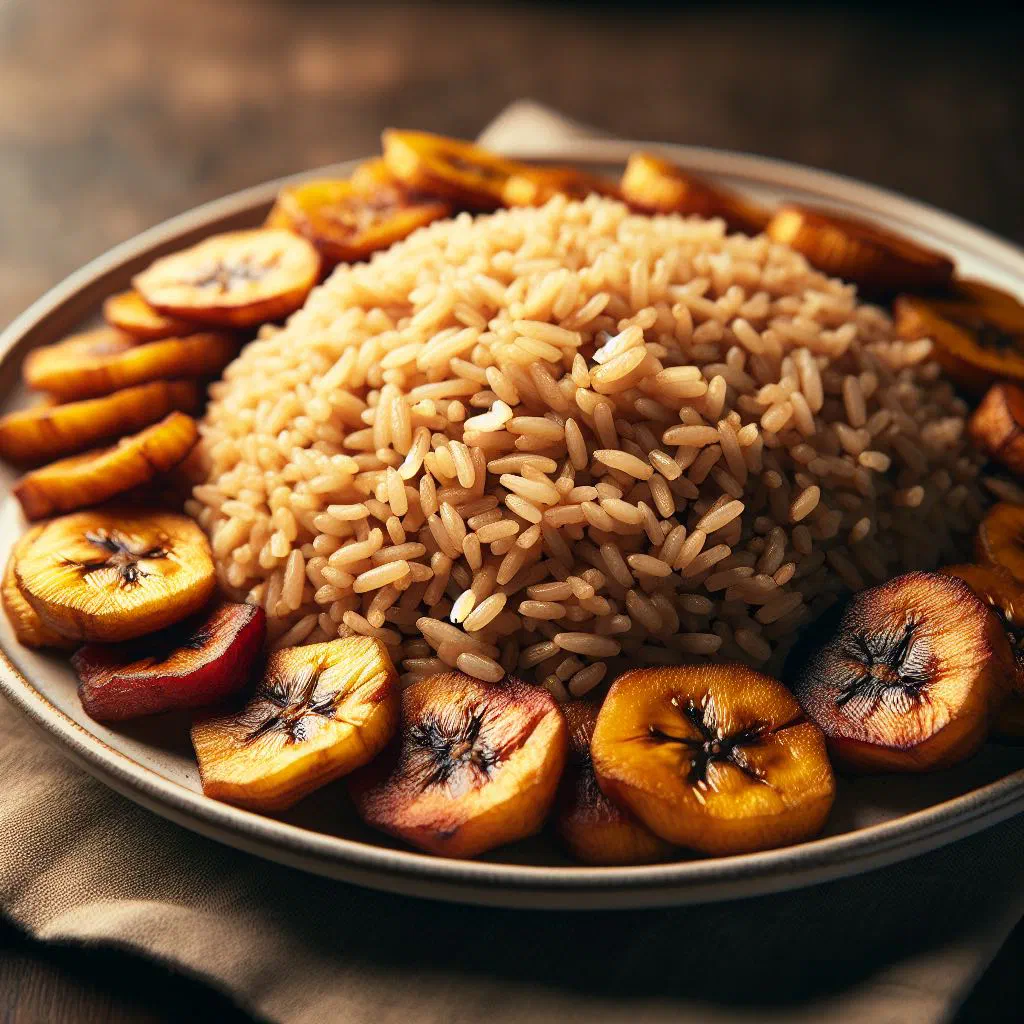 Fluffy white rice served with golden fried plantain slices