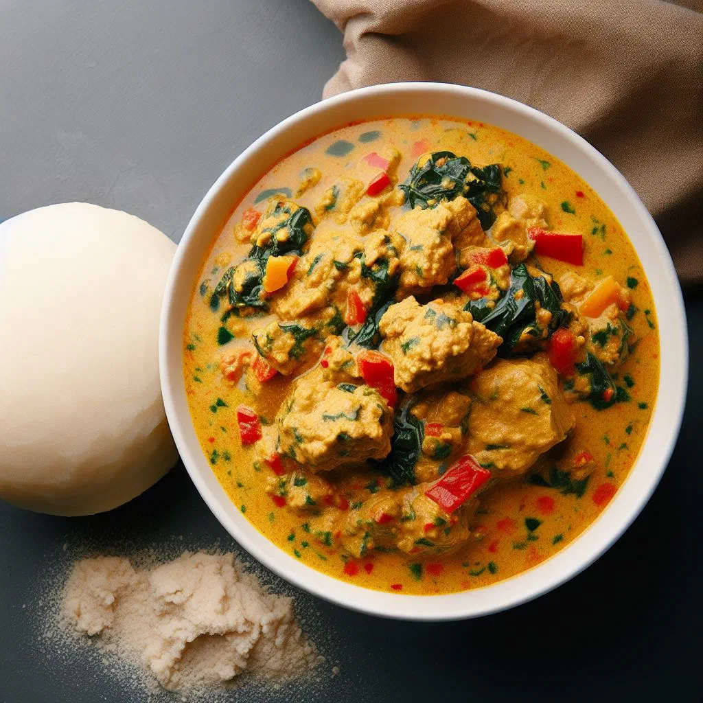 Bowl of thick Liberian egusi soup with greens and palm oil