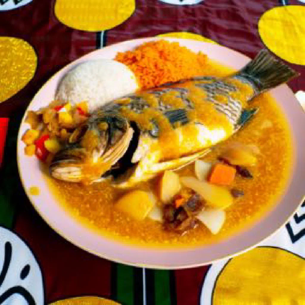 Liberian fish palm butter stew in a rustic bowl with rice