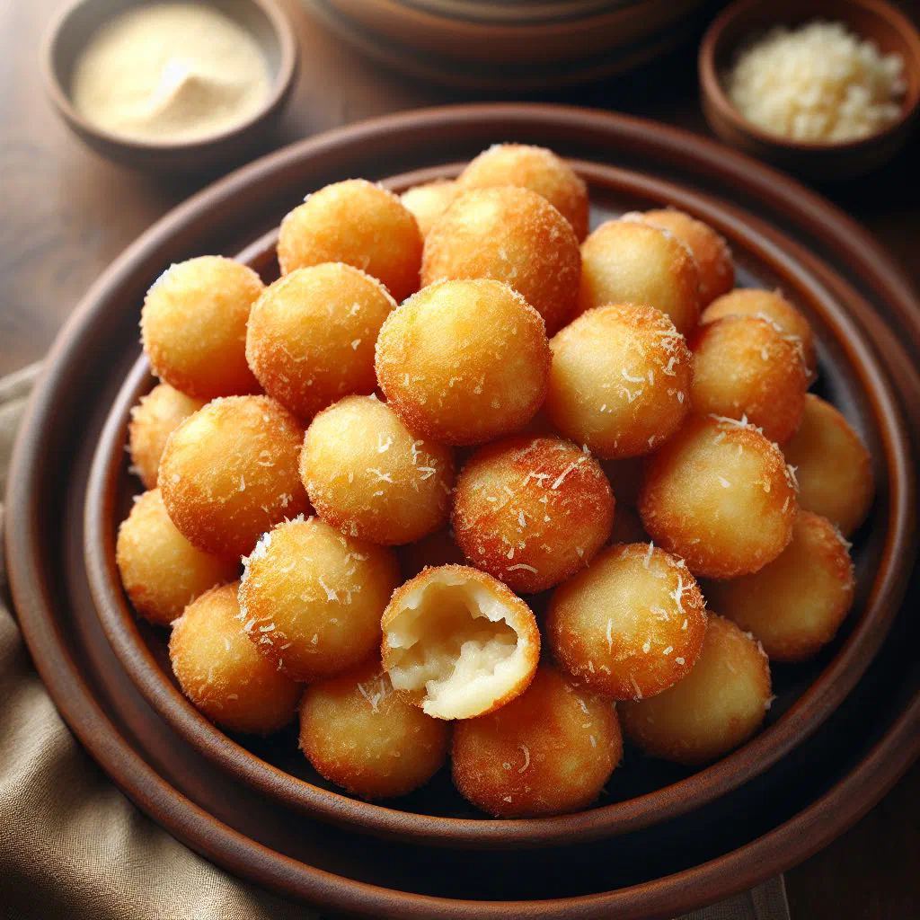 Golden fried cassava dumplings on a plate with fresh herbs