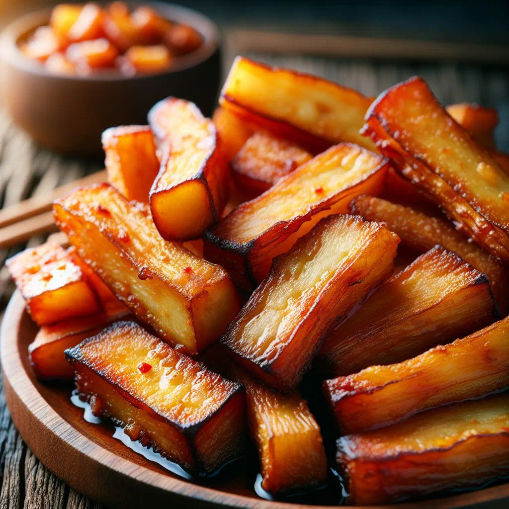 Golden fried cassava sticks piled on a plate with a dipping sauce