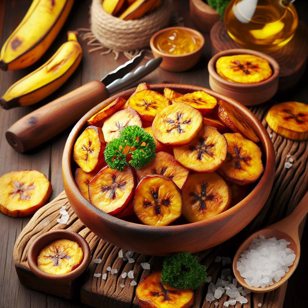 Golden fried plantain slices on a plate with a dipping sauce