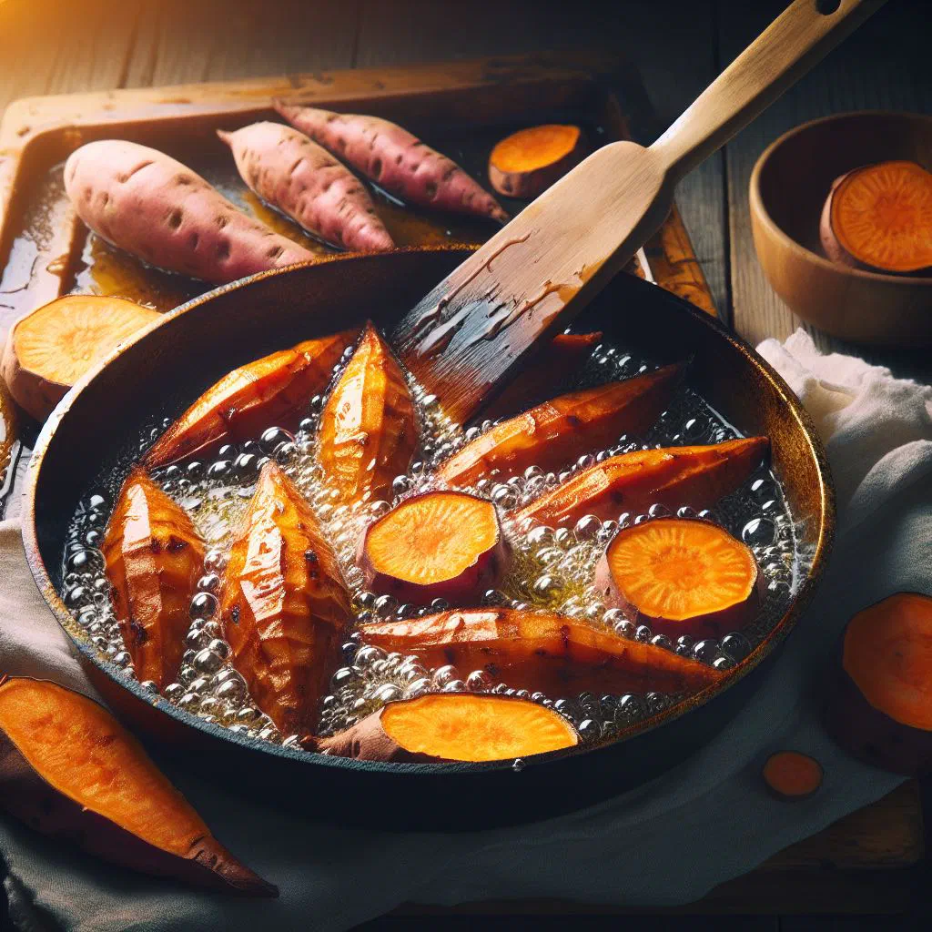 Golden fried sweet potato wedges served with a dipping sauce