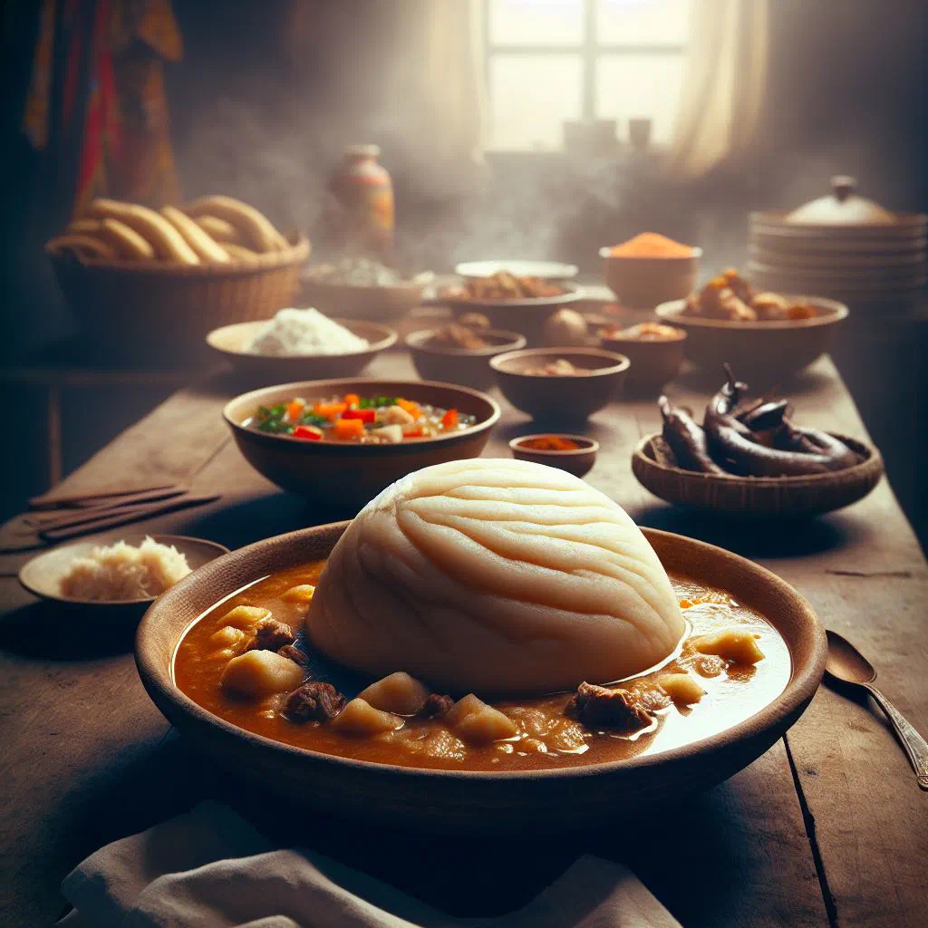 Smooth white fufu shaped into a mound beside a bowl of rich soup