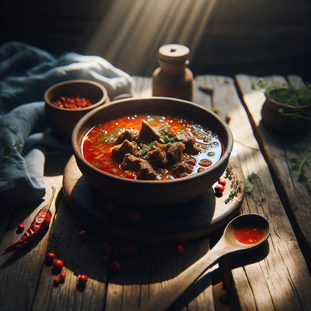 Steaming bowl of Liberian goat pepper soup with tender meat and fresh herbs