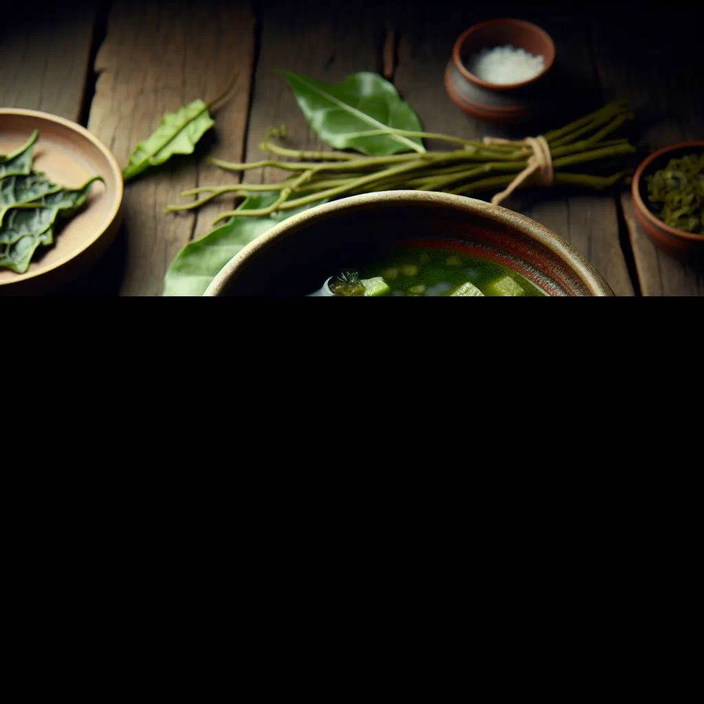 Bowl of Liberian jute leaf soup served with rice
