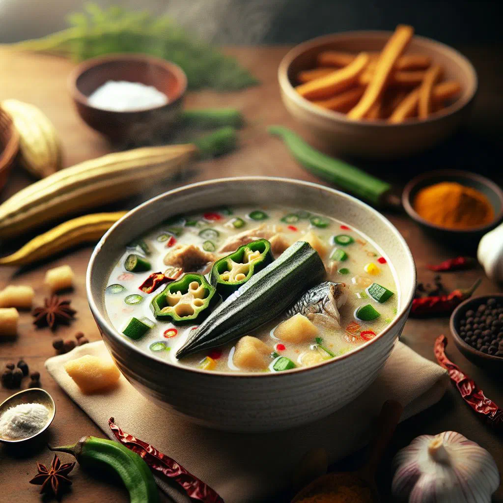 Bowl of Liberian Krahn soup with meat, fish and leafy greens in a palm oil broth